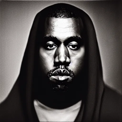 Image similar to a ( ( ( ( ( ( ( ( ( ( ( ( chiaroscuro lighting portrait ) ) ) ) ) ) ) ) ) ) ) of kanye west dressed as rick owens, black background, portrait by julia margaret cameron, shallow depth of field, 8 0 mm, f 1. 8