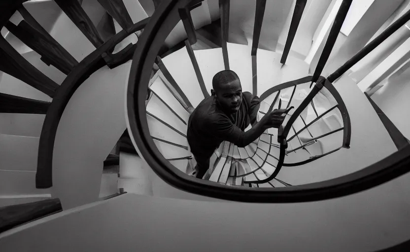 Image similar to frank ocean building a spiral staircase in the centre of the room, greyscale,