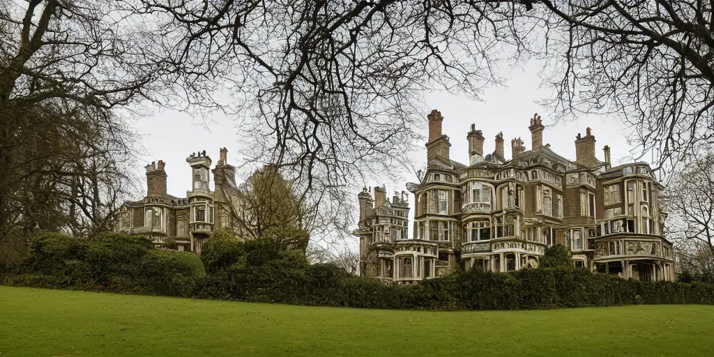 Image similar to a photograph of a late Victorian mansion designed by Joseph Paxton, view from ground level