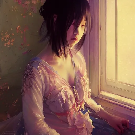 Image similar to beautiful young girl in intricate clothing by ross tran, sleeping in a messy bedroom at night, painted by sana takeda, reflections, very high intricate details, painting by liu xiaodong, digital anime art, medium shot, mid - shot, composition by ilya kuvshinov, backlit, lighting by greg rutkowski