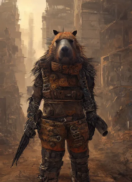 Prompt: detailed full body concept art illustration oil painting of an anthropomorphic capybara mad max in full intricate clothing, biomutant, dystopian, ultra detailed, digital art, octane render