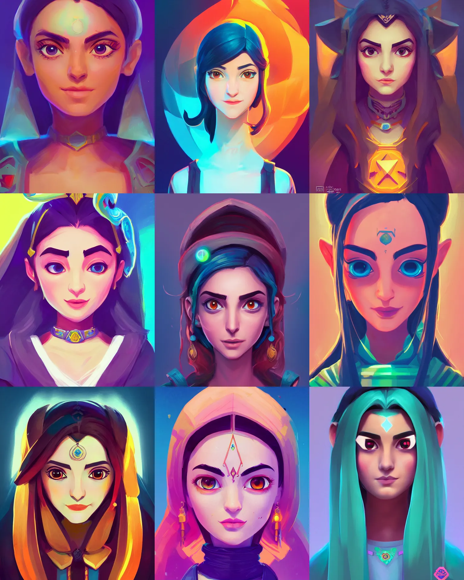 Prompt: front facing symmetrical centered painted portrait, just one head, Maya Ali as a Mage, RPG character avatar, Clash of Clans concept art, pixar, dreamworks, bright vivid colours, global illumination lighting, trending on artstation, by lois van baarle, ilya kuvshinov, rossdraws