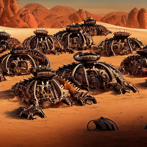 Prompt: painting of a dozen different buried biomechanical robots in the desert, oasis, 4 k. cinematic. epic.