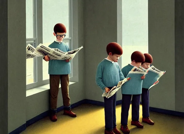Image similar to a very boring day in school, kids wearing identical clothes reading newspapers, all faced away, painting by quint buchholz and ray caesar, muted colors, gray, dull, boring, low energy, pale blue faces, very detailed
