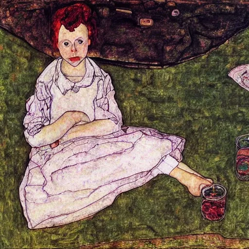 Image similar to girl at a picnic,, by Egon Schiele