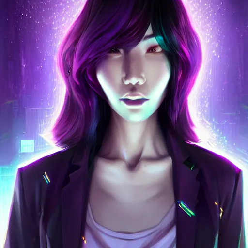 Prompt: a portrait of a young asian cyberpunk woman with dark purple hair, art by lois van baarle and loish and ross tran and rossdraws and sam yang and samdoesarts and artgerm and saruei and disney, digital art, highly detailed, intricate, sharp focus, trending on artstation hq, deviantart, unreal engine 5, 4 k uhd image