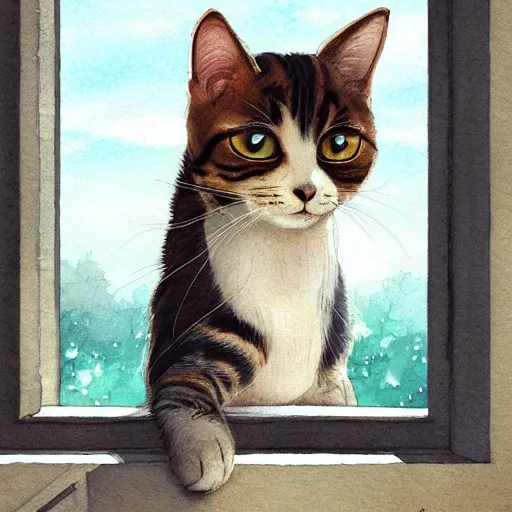 Image similar to head and shoulders masterpiece portrait of a cute adorable cat on a window sill at sunset, digital art watercolor by krenz cushart and hayao miyazaki, trending on artstation, cgsociety, rich vivid color