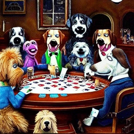 Prompt: dogs playing poker painting but replace the dogs with muppets