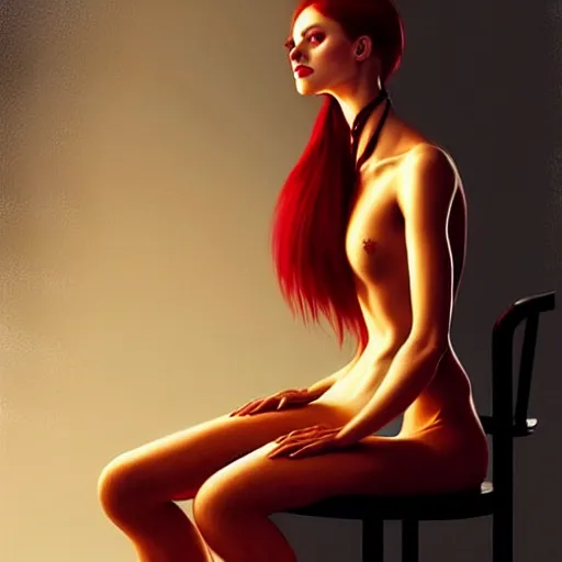 Image similar to a beautiful woman tied to a chair using spaghetti, painting by Charlie Bowater and Gerald Brom