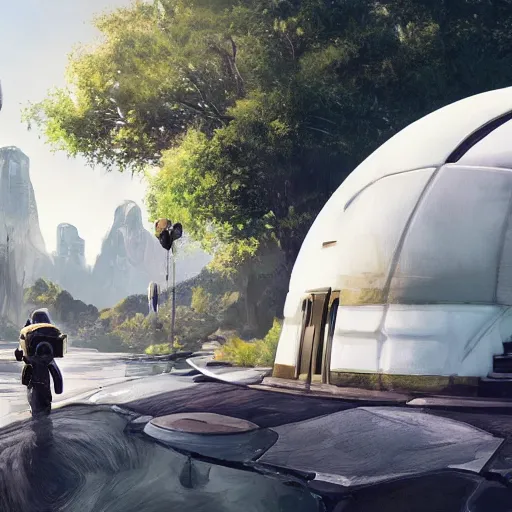 Image similar to clean white sci-fi dome in a pleasant urban setting surrounded by families, peaceful, majestic, in style of apex legends, art station, ultra hd, soft light, overhead sun, ultra hd, art station