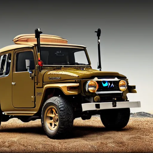 Prompt: in the style of Leonardo da Vinci a Toyota Fj43 build in 1981, black roof, with a roof rack, detailed, 8K, octane render, 8K,