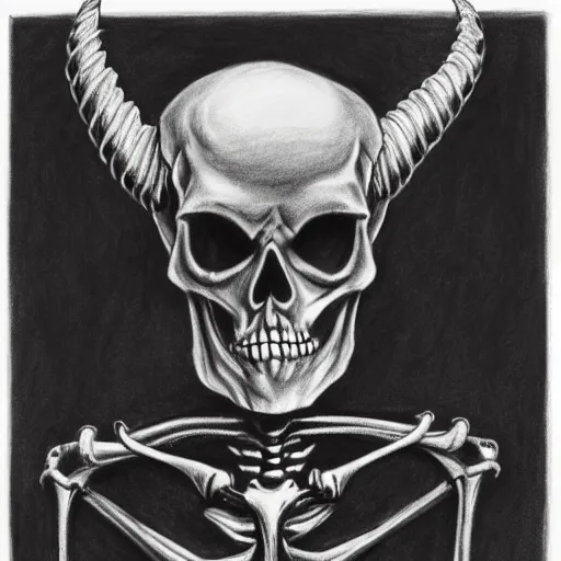 Prompt: pencil drawing of a devil skeleton in black coat