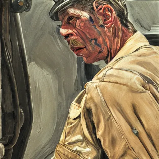 Image similar to high quality high detail painting by lucian freud, hd, portrait of a mechanic tired of work, photorealistic lighting