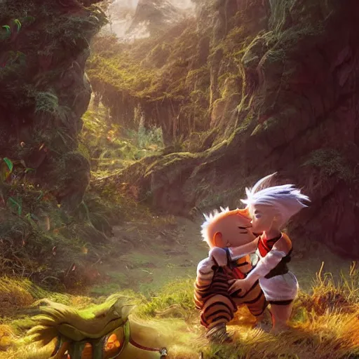 Image similar to Calvin and Hobbes in a fantasy realm, made by Stanley Artgerm Lau, WLOP, Rossdraws, ArtStation, CGSociety, concept art, cgsociety, realistic, foto realism, octane render, trending on artstation, artstationHD, artstationHQ, unreal engine, 4k, 8k,