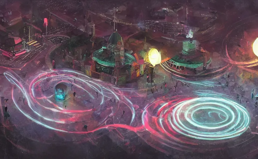 Image similar to pepople and a spiral - shaped white luminous attractor is floating on the ground in soviet city, concept art, art for the game, professional lighting, art painted by jehronym bosch