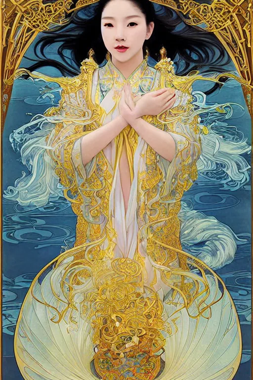 Prompt: a beautiful young Asian woman, Queen of the Sea Mu Yanling, long flowing white hair, blue and yellow robe that resembles floating wings, water flowing and floating around, young female face, liquid magic, cinematic top lighting, insanely detailed and intricate, face by Artgerm, design by Alphonse Mucha, Kuvshinov Ilya, Irakli Nadar, render by krenz cushart, golden ratio, symmetrical proportions, elegant, ornate, luxury, elite, matte painting, MTG, magic the gathering, trending on artstation, cinematic, cgsociety, 8k, high resolution,