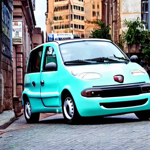 Prompt: a photo of an ugly fiat multipla on a very narrorw busy street