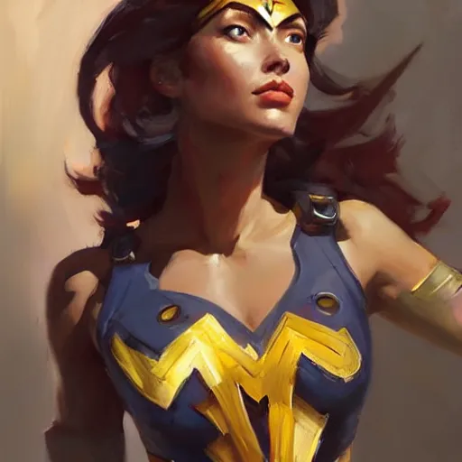 Image similar to greg manchess portrait painting of wonderwoman as overwatch character, medium shot, asymmetrical, profile picture, organic painting, sunny day, matte painting, bold shapes, hard edges, street art, trending on artstation, by huang guangjian and gil elvgren and sachin teng