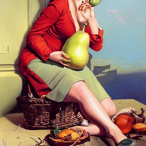 Prompt: beautiful painting with a woman being scared by a pear which she is holding, painting by JC Leyendecker and Gil Elvgren and Thomas Kinkade