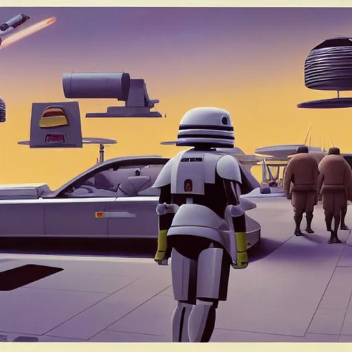 Prompt: ralph mcquarrie concept art of a futuristic mcdonalds. a space station is seen off in the distance with various droids and people walking in the foreground. a trooper is seen holding a brown mcdonalds bag.