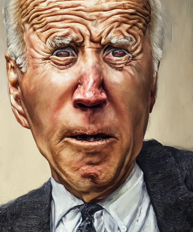 Image similar to hyperrealistic close up studio portrait of aging old Joe Biden age 103 wrinkled sad, oil painting by Ivan Albright and Lucian Freud and Ron Mueck, trending on artstation Studio lighting hyperrealism