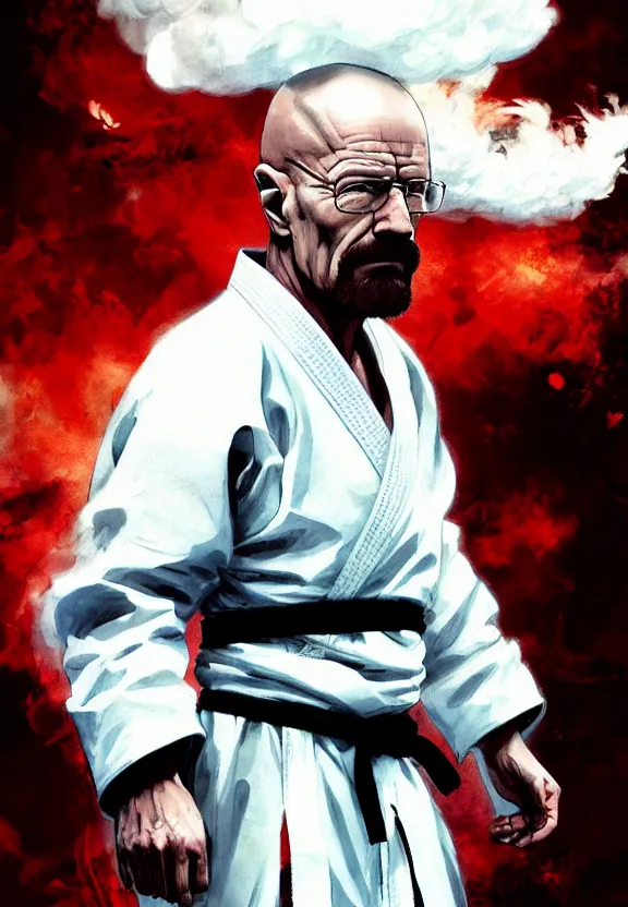 Prompt: serene Concept art of grandmaster walter white wearing a white martial artist gi, bald head and white beard, surrounded by white smoke, smoky, by Chen Uen, art by Yoji Shinkawa, 4k