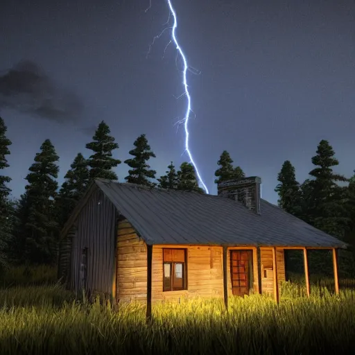 Prompt: a ultra realistic blue lightning arc over a cabin in the wood, by night. cows in the field. pines. horror movie scene, complex, highly detailed, unreal engine 5, 8 k render