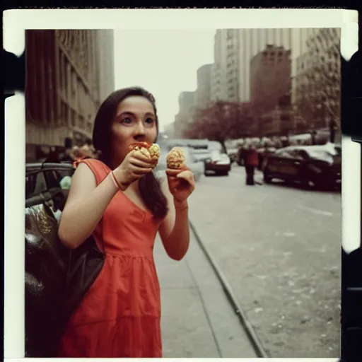 Image similar to a very beautiful picture of a young women eating ice cream in new york, polaroid, award winning photography