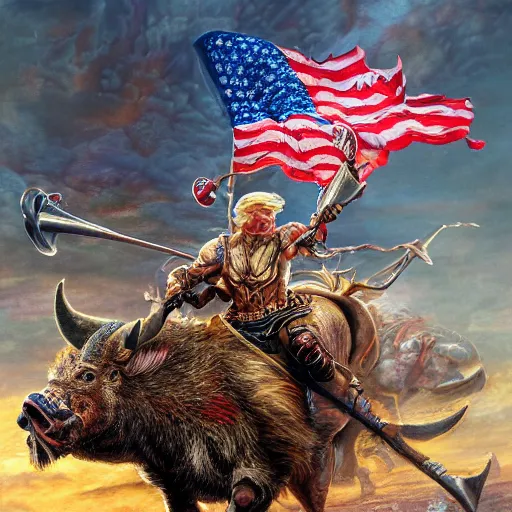 Prompt: hyperrealistic mixed media painting of Trump as a Warlord Riding a Boar, stunning 3d render inspired art by P. Craig Russell and Barry Windsor-Smith, 8k octane beautifully detailed render, post-processing, extremely hyperdetailed, intricate, epic composition, grim yet sparkling atmosphere, cinematic lighting + masterpiece, trending on artstation, very detailed, masterpiece, stunning