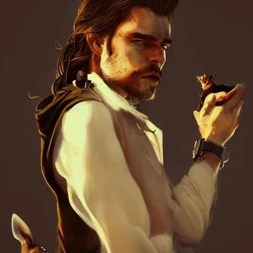 Image similar to a beautiful painting dramatic portrait of a young man with long hair tied in a bun and black beard holding a jack russell by greg rutkowski, featured on artstation