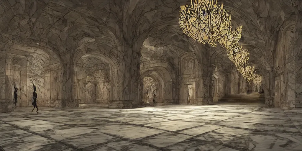 Prompt: the grand magical entrance, matte marble floors, art by kotaro chiba, volumetric lighting, epic composition