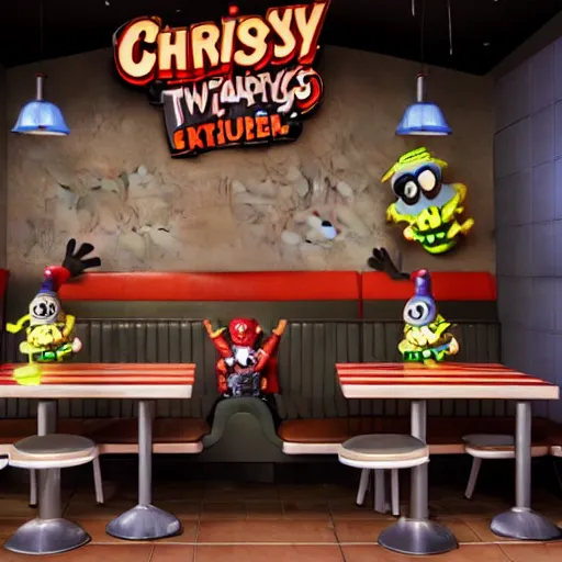 Prompt: five night's at freddys sitting in a chucky cheese restaurant, octane render, ultra detail, ultra realistic, 8 k