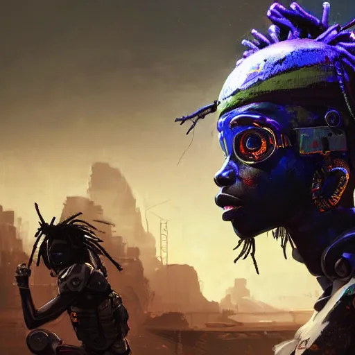 Image similar to a dark and ominous cyborg african child soldier with glowing eyes and steel dreadlocks, neon graffiti, Apex Legends character digital illustration portrait design, by android jones and greg rutkowski in a cyberpunk voodoo style, retrowave color scheme, detailed, cinematic lighting, wide angle action dynamic portrait