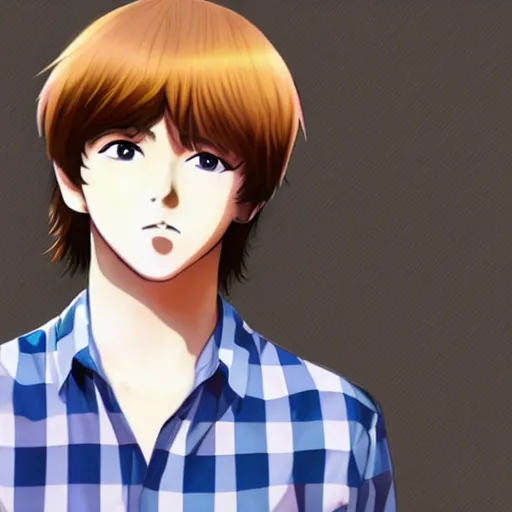 Image similar to anime illustration of young Paul McCartney from the Beatles, wearing a blue and white check shirt and watch, outdoors in Singapore, ufotable