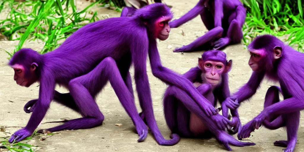 Image similar to purple monkeys with red eyes smoking. they are mean bad boys