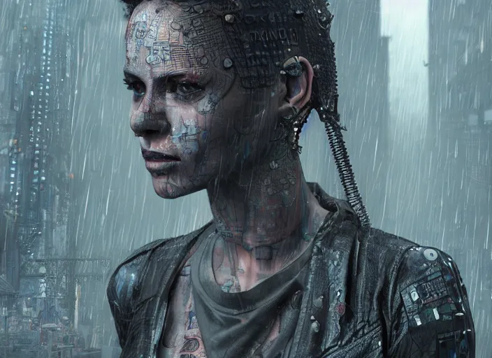 Image similar to rugged, beautiful female neuromancer by enki bilal,, punk outfit : : urban setting, nighttime, rain, close - up view : : cinematic headshot : : ultra - detailed technical precision : : high definition 3 d render, unreal engine, hires textures 4 k