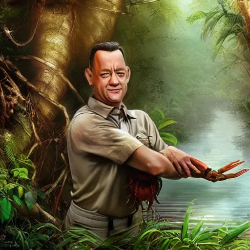 Prompt: Tom Hanks as forrest gump hugging a giant shrimp in the jungle, realistic digital painting, in the style of Aleksi Briclot, photoreailstic, realistic face, amazing detail, sharp