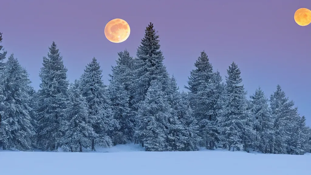 Prompt: Pine tress full of snow, lit by a full moon