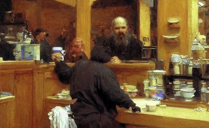 Prompt: high quality high detail painting by ilya repin, friendly bear sitting behind the counter of coffeeshop, hd