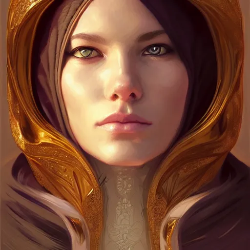 Image similar to portrait of cat wizard wearing a hood, face, fantasy, intricate, elegant, highly detailed, digital painting, artstation, concept art, smooth, sharp focus, illustration, art by artgerm and greg rutkowski and alphonse mucha