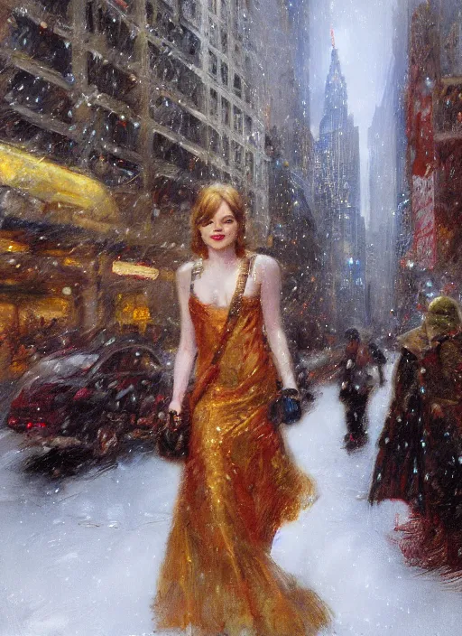 Image similar to emma stone walking into new york building, christmas, artwork by gaston bussiere, craig mullins, trending on artstation