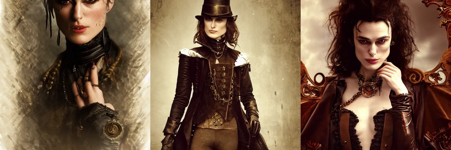 Prompt: Keira Knightley as a Victorian vampire, steampunk, leather, brass, dramatic chiaroscuro, wet surfaces, hd render, 4k, 8k, trending on deviantart,
