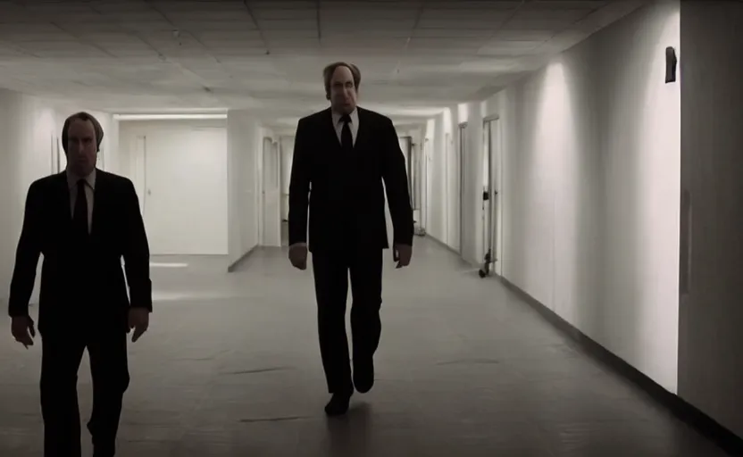 Prompt: ominous found footage screencap of a dark hallway with saul goodman standing at the end of it