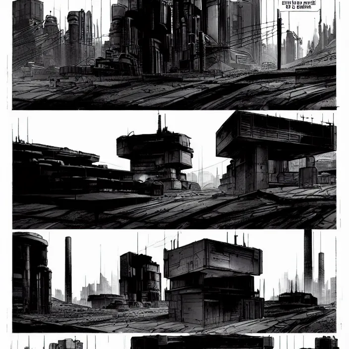 Prompt: a big modern box / booth stands next to a coal mine. storyboard, scifi cyberpunk. by gabriel hardman, joe alves, chris bonura. cinematic atmosphere, detailed and intricate, perfect anatomy