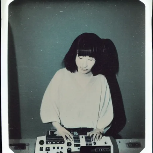 Image similar to 1 9 7 0 s polaroid of a female japanese musician playing a vintage synthesizer, hazy, faded