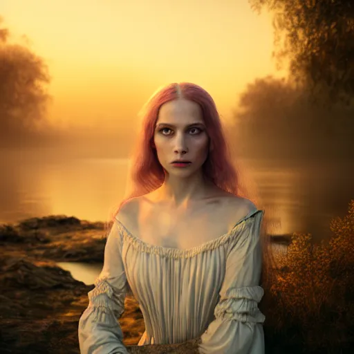 Image similar to photographic portrait of a stunningly beautiful english sorceress renaissance female in soft dreamy light at sunset, beside the river, soft focus, contemporary fashion shoot, in a denis villeneuve and tim burton movie, by edward robert hughes, annie leibovitz and steve mccurry, david lazar, jimmy nelsson, extremely detailed, breathtaking, hyperrealistic, perfect face, octane render