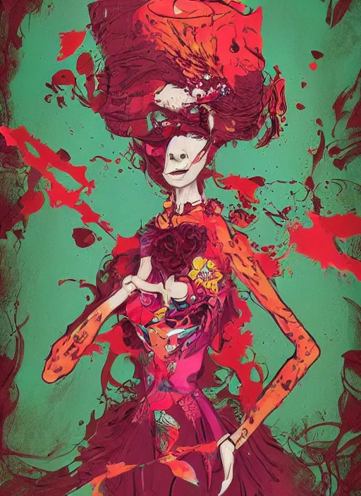 Image similar to beautiful lady half necromancer, made of red gucci fabric, pixiv fanbox, dramatic lighting, maximalist pastel color palette, splatter paint, pixar and disney exploded - view drawing, graphic novel by fiona staples and dustin nguyen, peter elson, alan bean, wangechi mutu, clean cel shaded vector art, trending on artstation