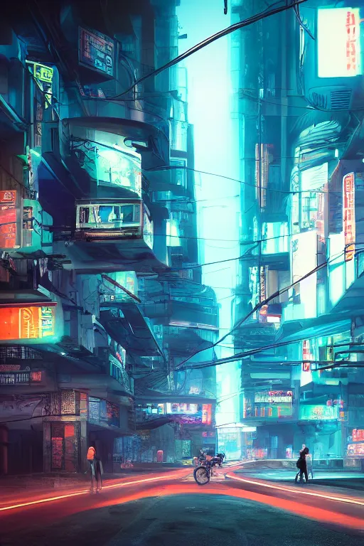 Prompt: Futuristic Asian city at night with rain, Cyberpunk style, Motorcycle, Neon lights, Matte paiting, cinematic lighting, corona render, smoke, light rays, 8k