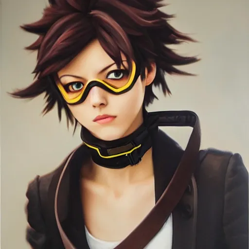 Image similar to oil painting of tracer overwatch in a field wearing very large black leather belt choker collar around neck, in style of mark arian, expressive face, very detailed face, very detailed eyes, belt around neck, full body, feminine face, tracer overwatch,