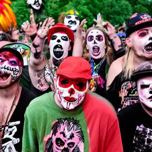 Prompt: juggalos invading a grateful dead concert, highly detailed facial expressions